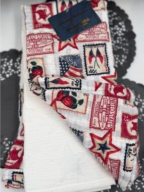 Tommy Bahama Red, Navy and Cream Patriotic Stamp Kitchen Towels